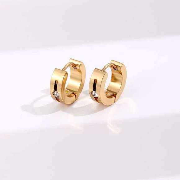 Stainless Steel Hoop Stud Earring Rhinestone Gold Women Men NWT - Picture 1 of 3